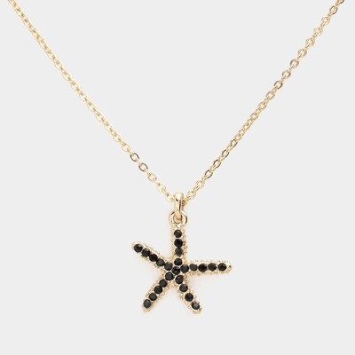 Rhinestone Paved Starfish Pendant Necklace- BLACK