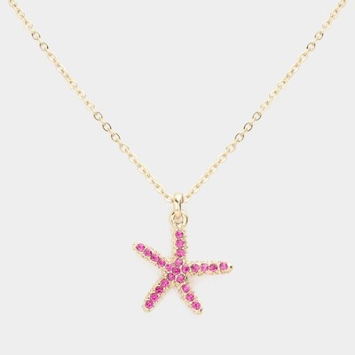 Rhinestone Paved Starfish Pendant Necklace - FUSCHIA