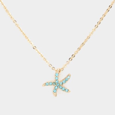 Rhinestone Petite Paved Starfish Pendant Necklace- AQUA