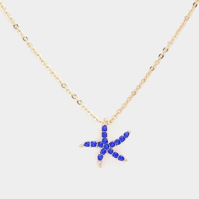 Rhinestone Paved Petite Starfish Pendant Necklace - SAPPHIRE