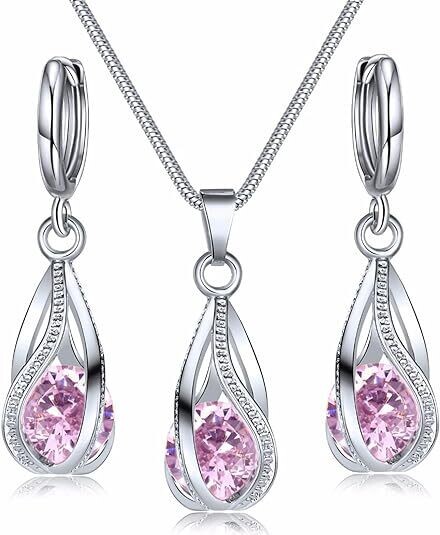 CZ NECKLACE AND EARRINGS SET - PINK