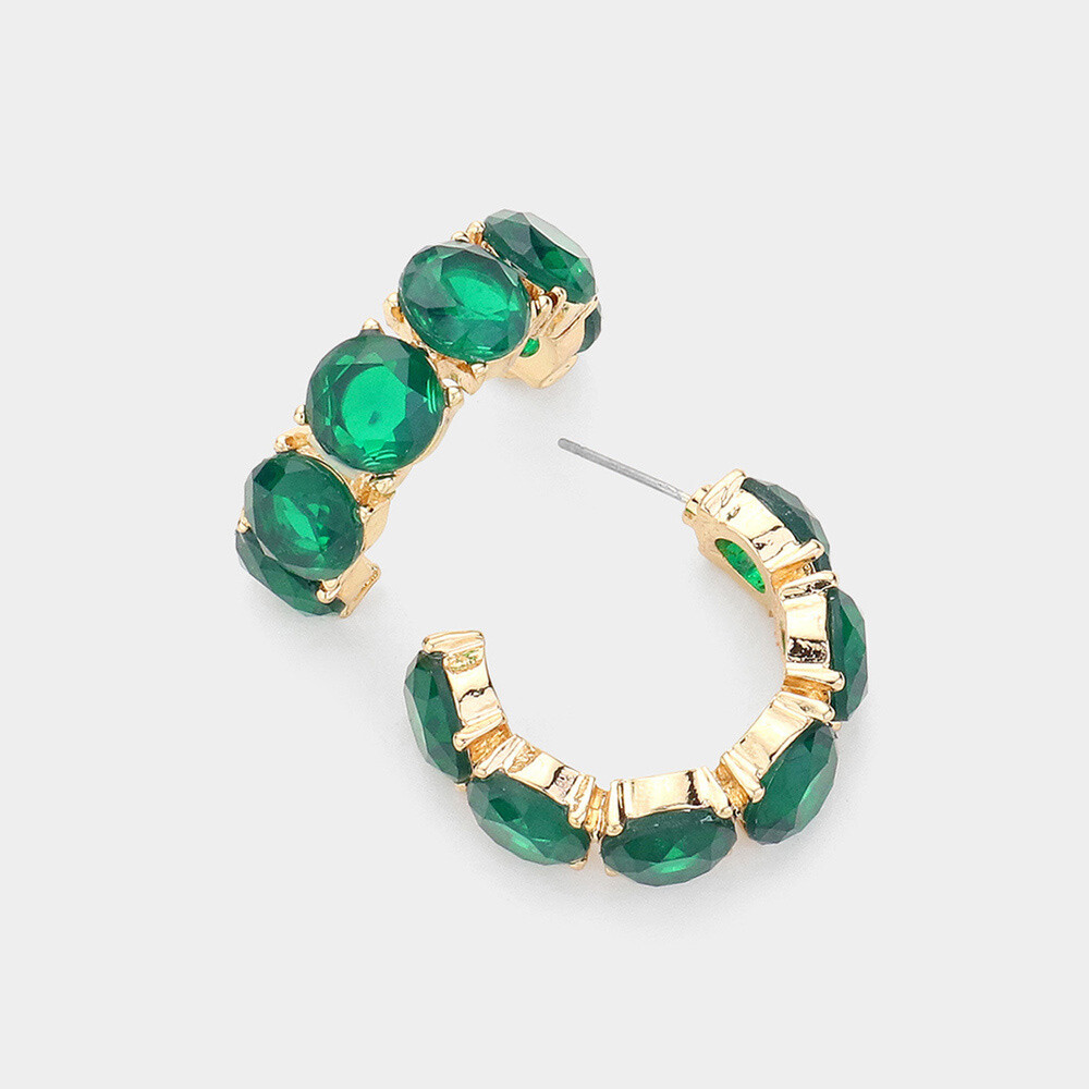 Round Stone Embellished Hoop Earrings - GREEN