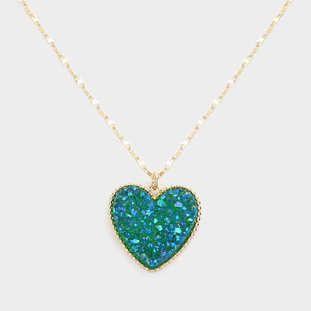Druzy Heart Pendant Necklace - EMERALD