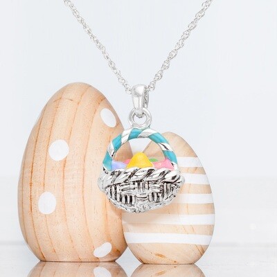 Enamel Easter Egg Basket Pendant Necklace - SILVERTONE