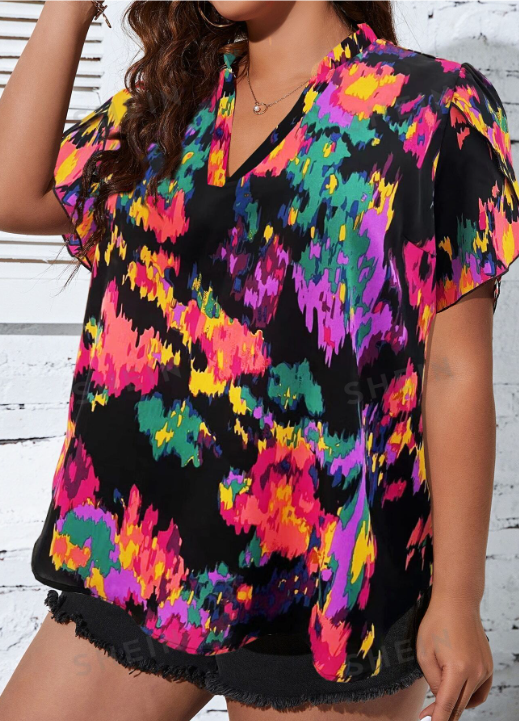 Allover Print Notched Neckline Petal Sleeve Blouse