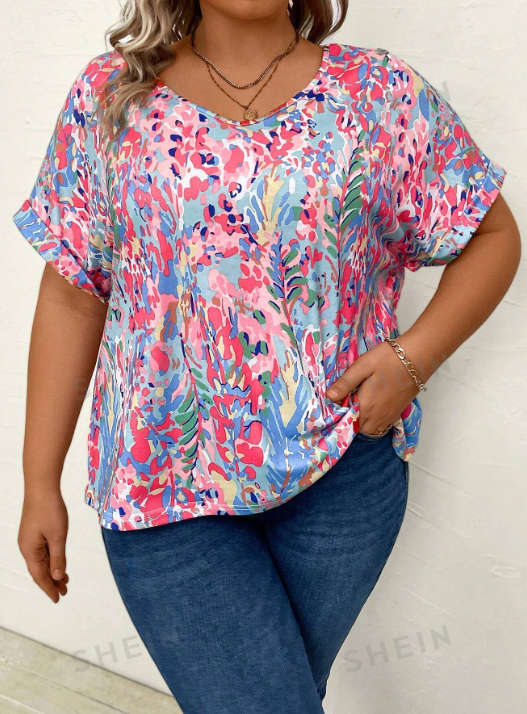 Plus Allover Print Batwing Sleeve Tee