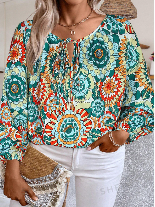 Plus Floral Print Tie Neck Blouse