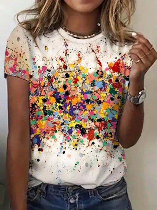 Women&#39;s Oil Painting Print Short Sleeve Top