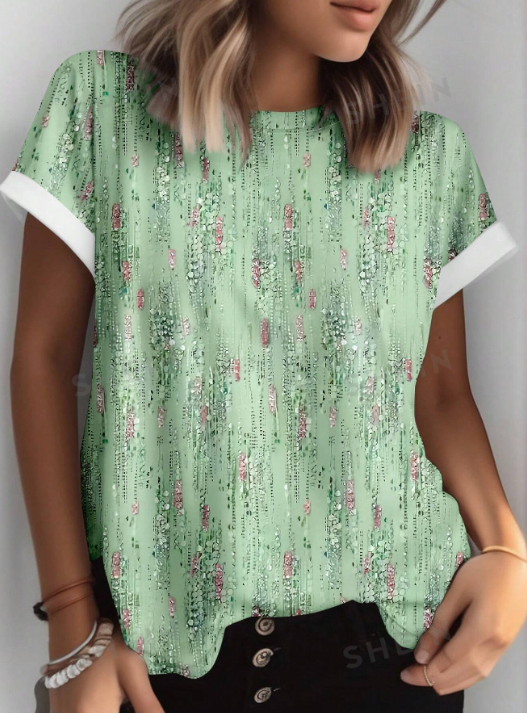 All-Over Printed Round Neck Short Sleeve Top