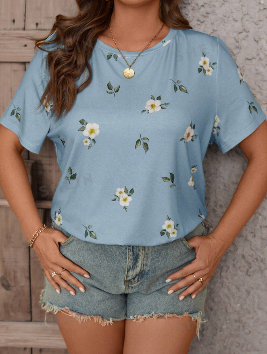 Floral Print Short Sleeve Top - Light Blue