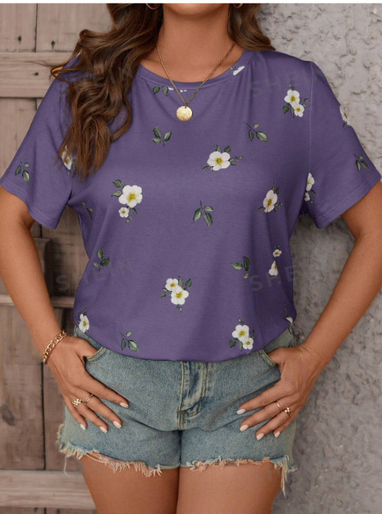 Floral Print Short Sleeve Top - Purple