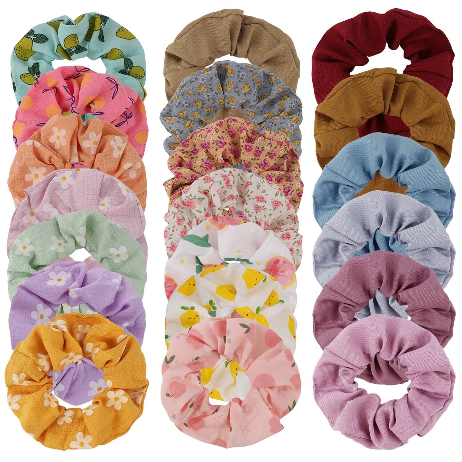 20 Pcs Floral Plaid Solid Color Scrunchies- STYLE 02
