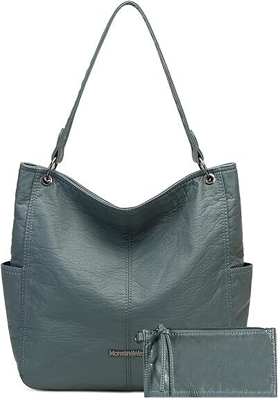 Montana West Stone Washed Leather Hobo Purse with Matching Wallet- 2 PIECE SET BLUE JEAN