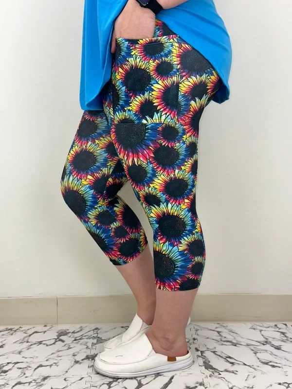 CAPRI LEGGINGS -  RAINBOW SUNFLOWERS WITH POCKETS