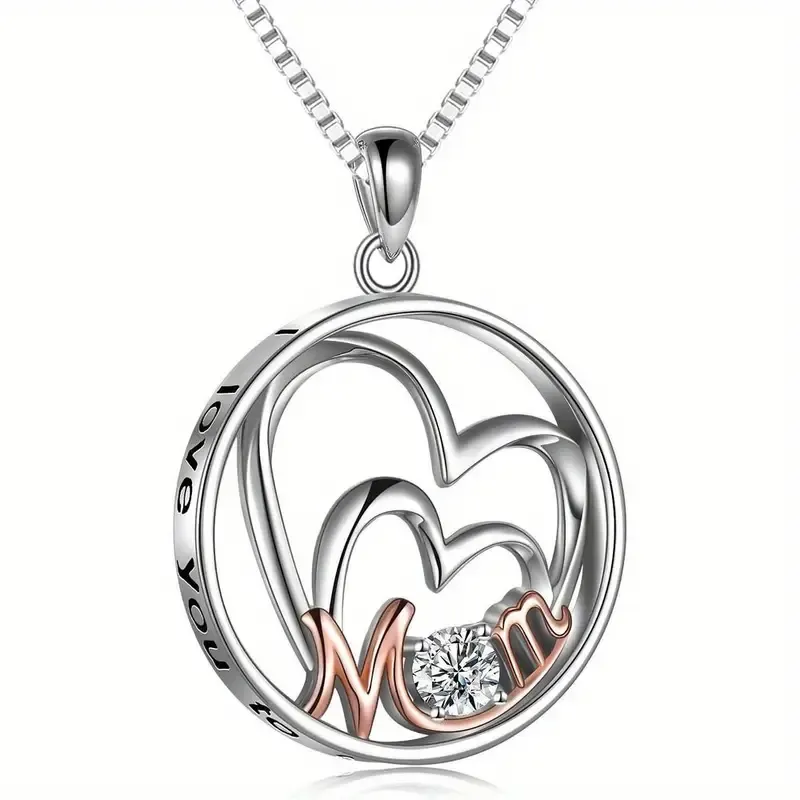 Round MOM Circles Necklace - Silvertone w/Rosegold tone and Crystal