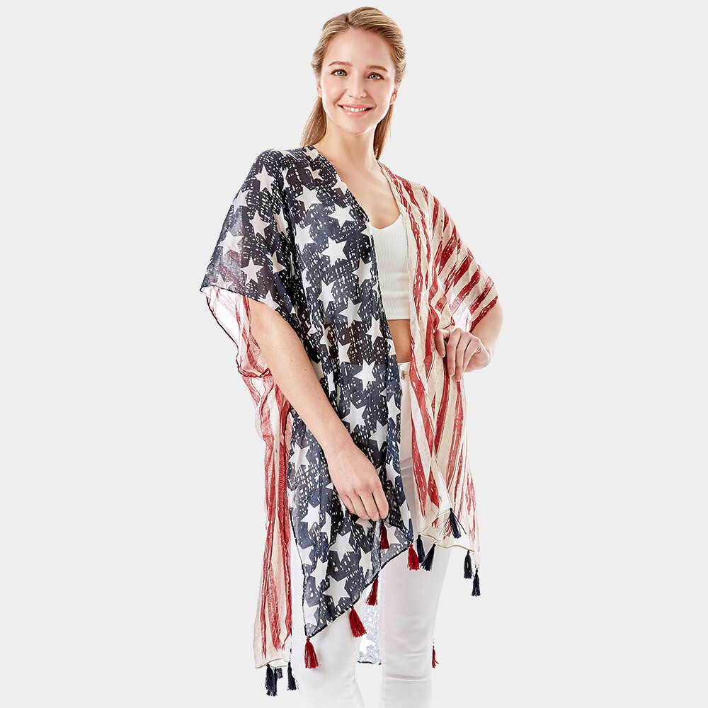American Flag Printed Tassel Kimono - DRAPED IN LIBERTY