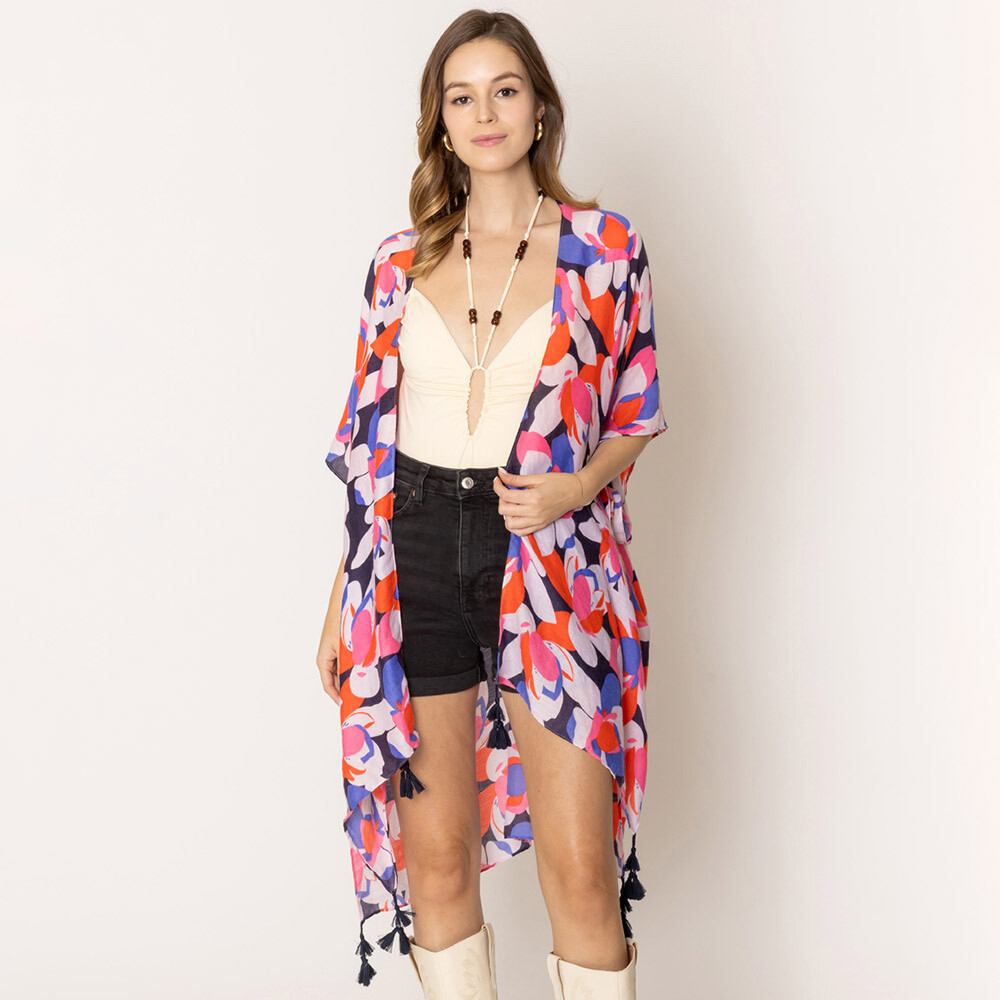 Floral Print Kimono Poncho - BLACK