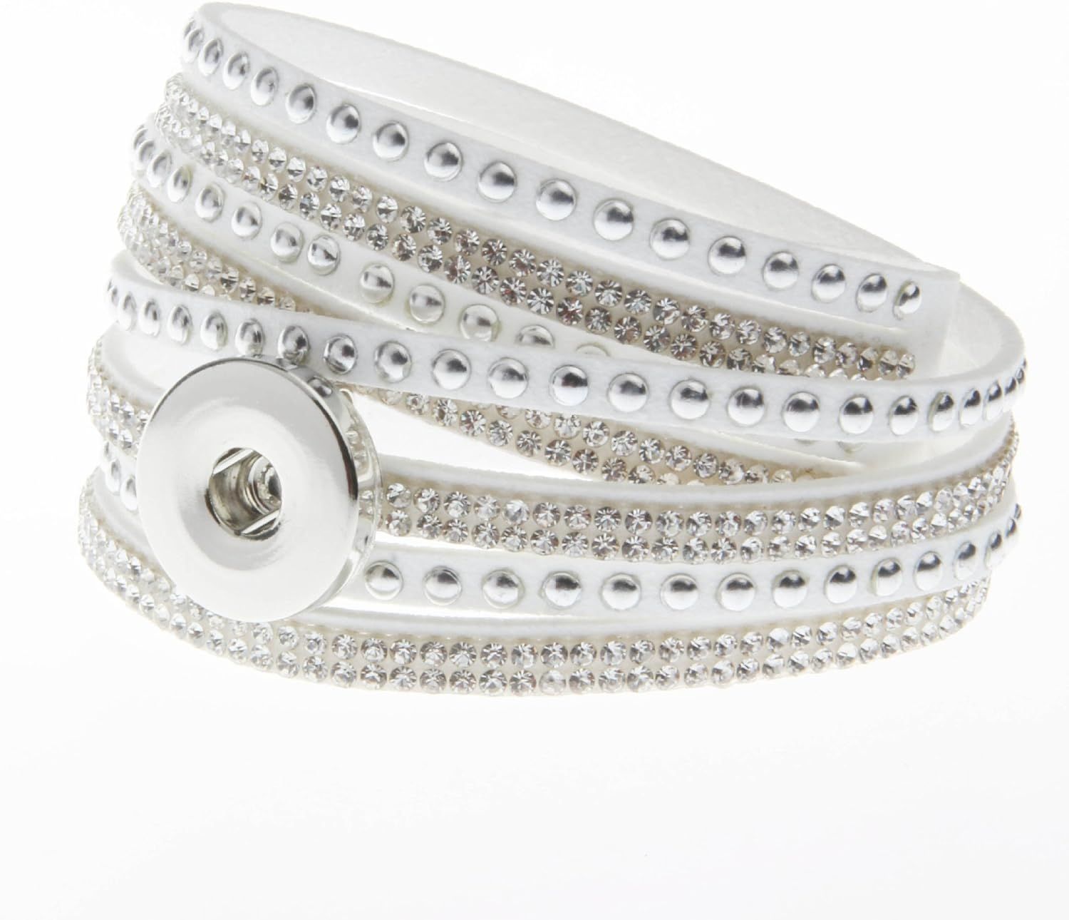 MULTI STRAND LEATHER SNAP BRACELET with STUDS and CRYSTALS - WHITE