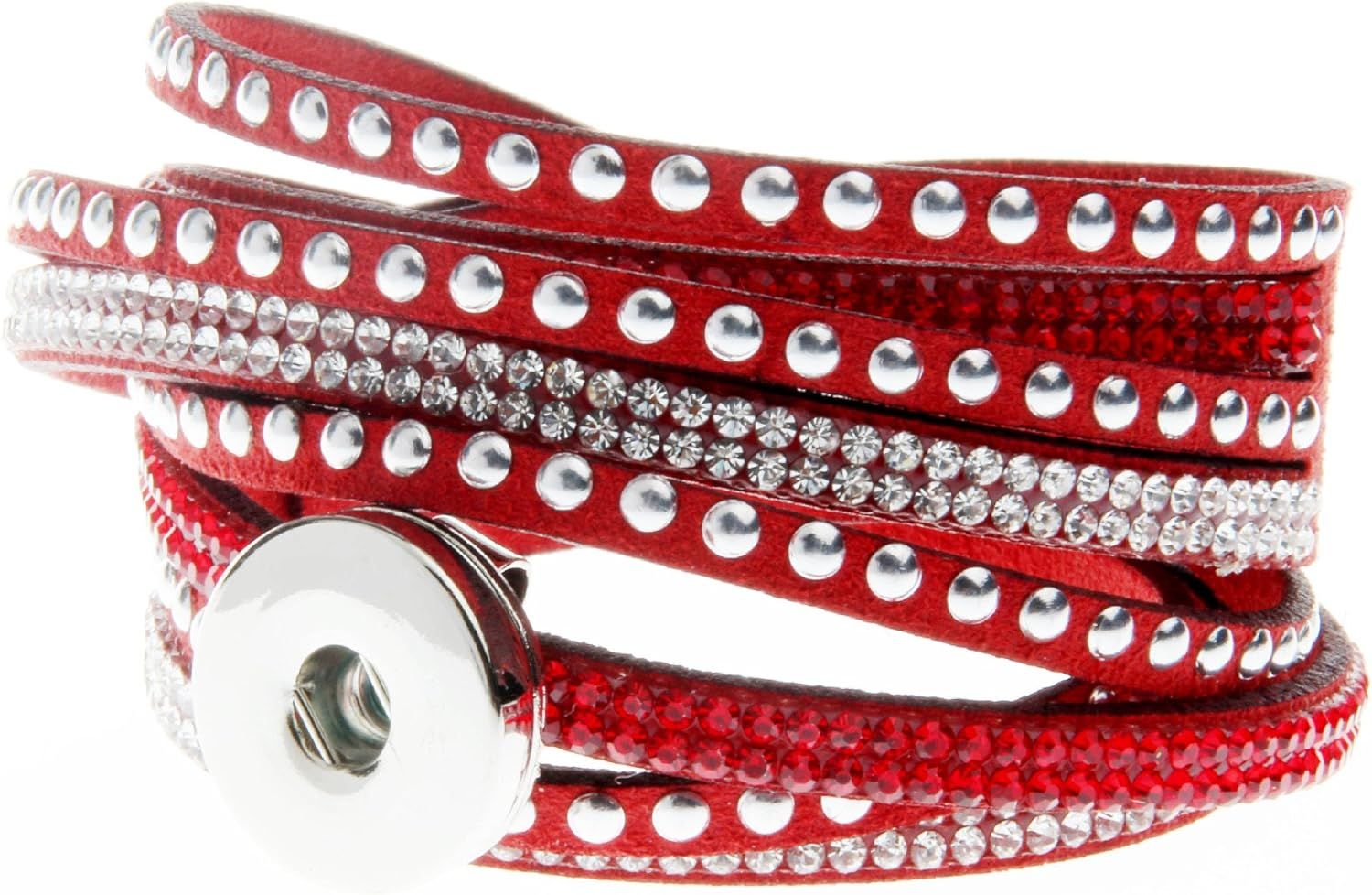 MULTI STRAND LEATHER SNAP BRACELET with STUDS and CRYSTALS - RED