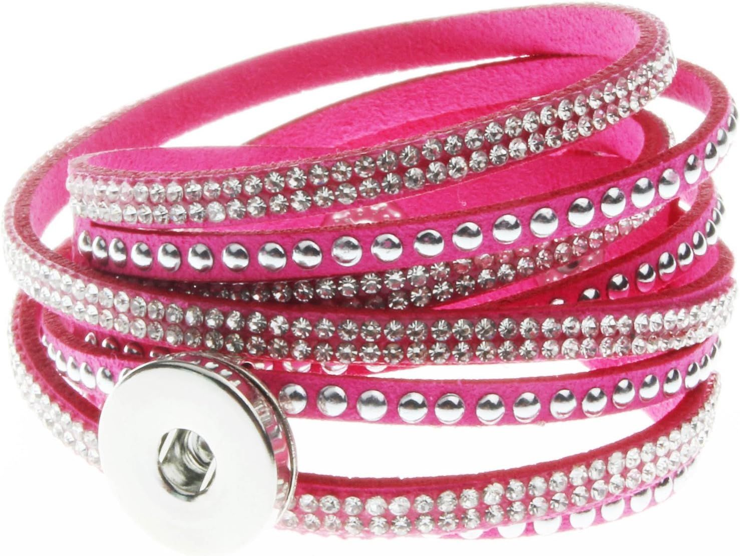 MULTI STRAND LEATHER SNAP BRACELET with STUDS and CRYSTALS - PINK