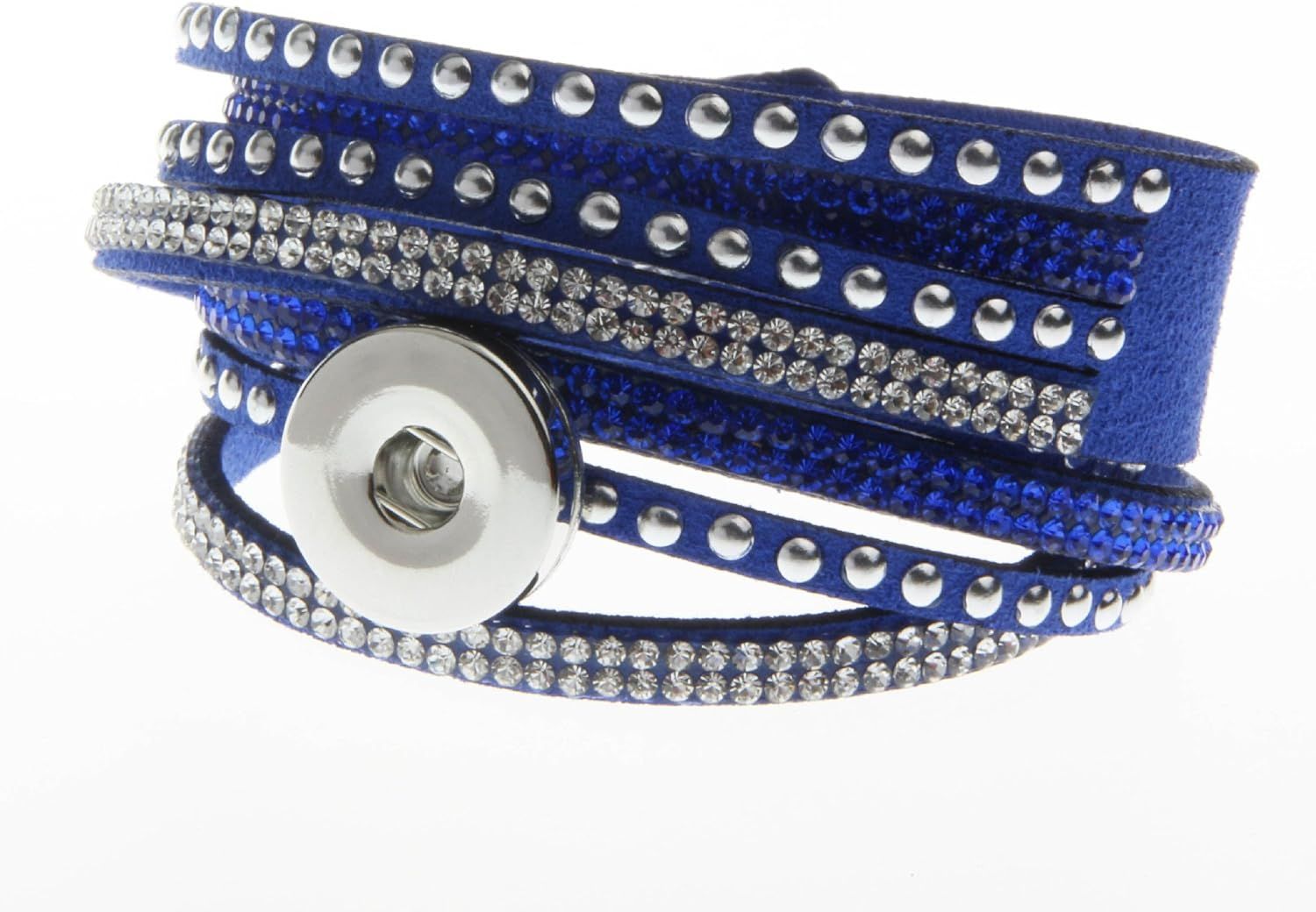 MULTI STRAND LEATHER SNAP BRACELET with STUDS and CRYSTALS - BLUE