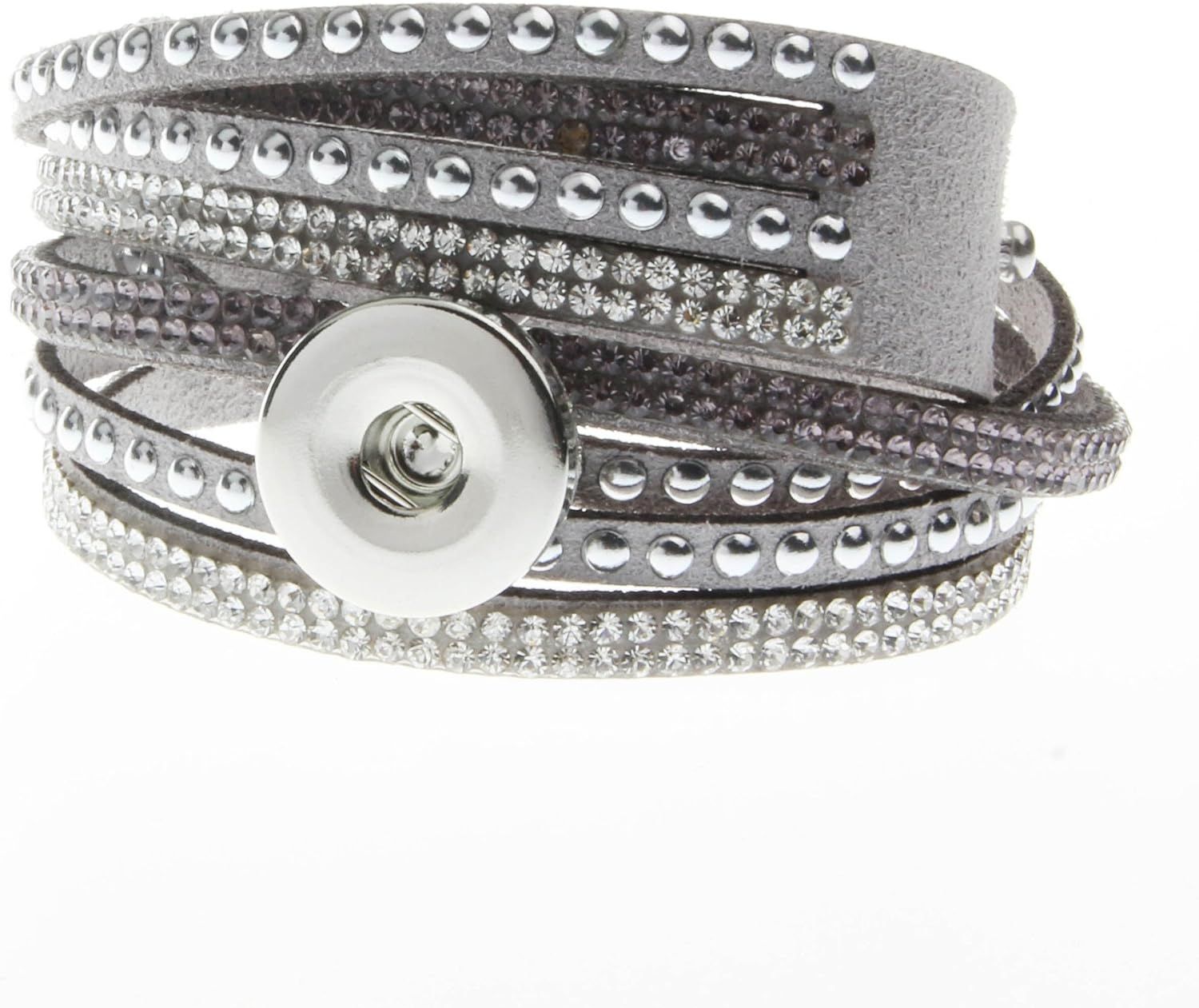 MULTI STRAND LEATHER SNAP BRACELET with STUDS and CRYSTALS - GRAY