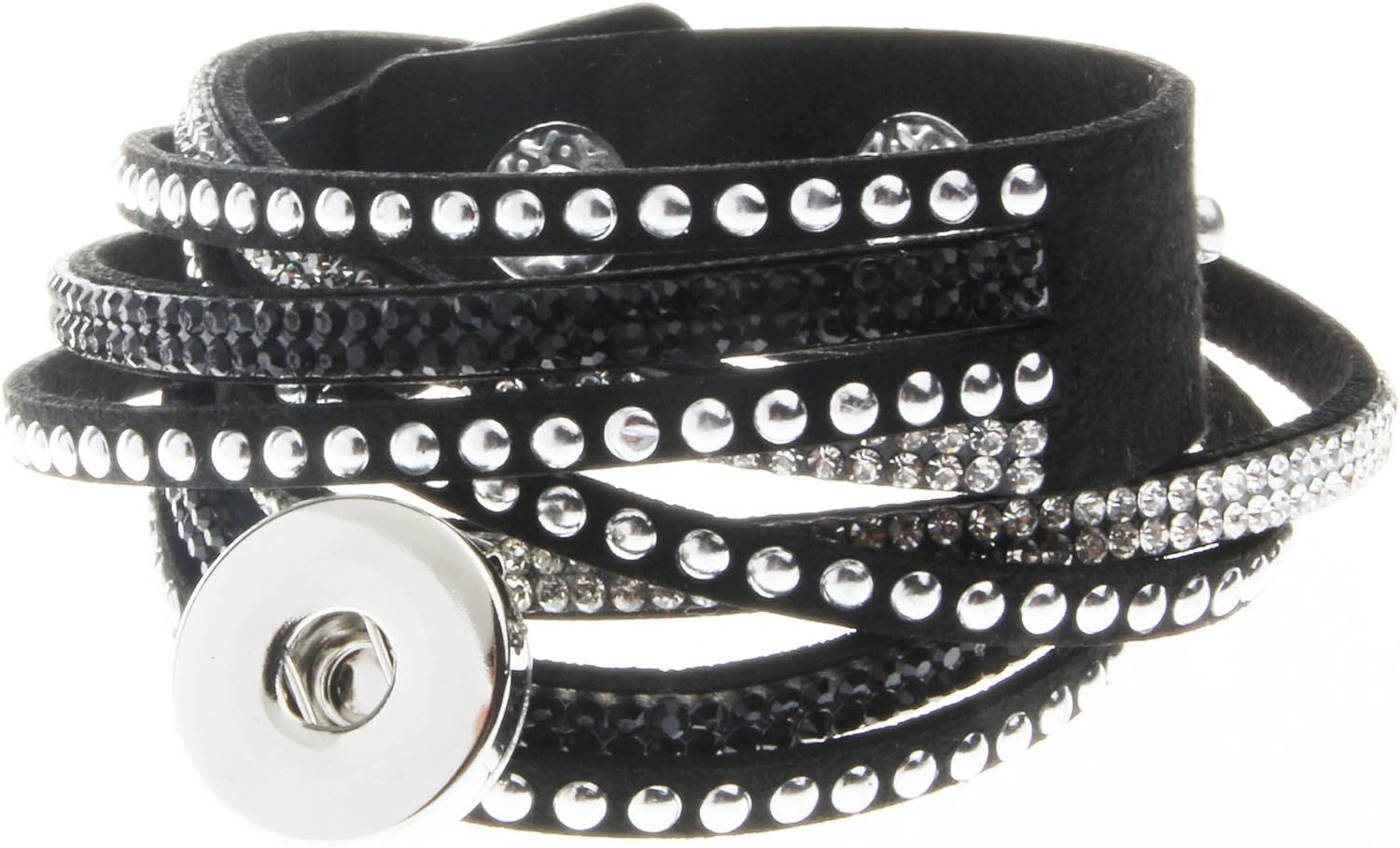 MULTI STRAND LEATHER SNAP BRACELET with STUDS and CRYSTALS - BLACK