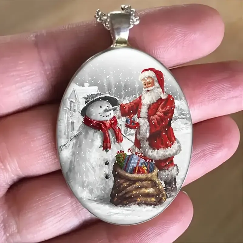 CABACHON NECKLACE with CHAIN - SANTA &amp; SNOWMAN