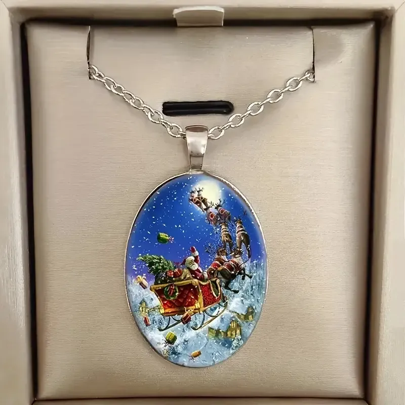 CABACHON NECKLACE with CHAIN - SANTA IN SLEIGH