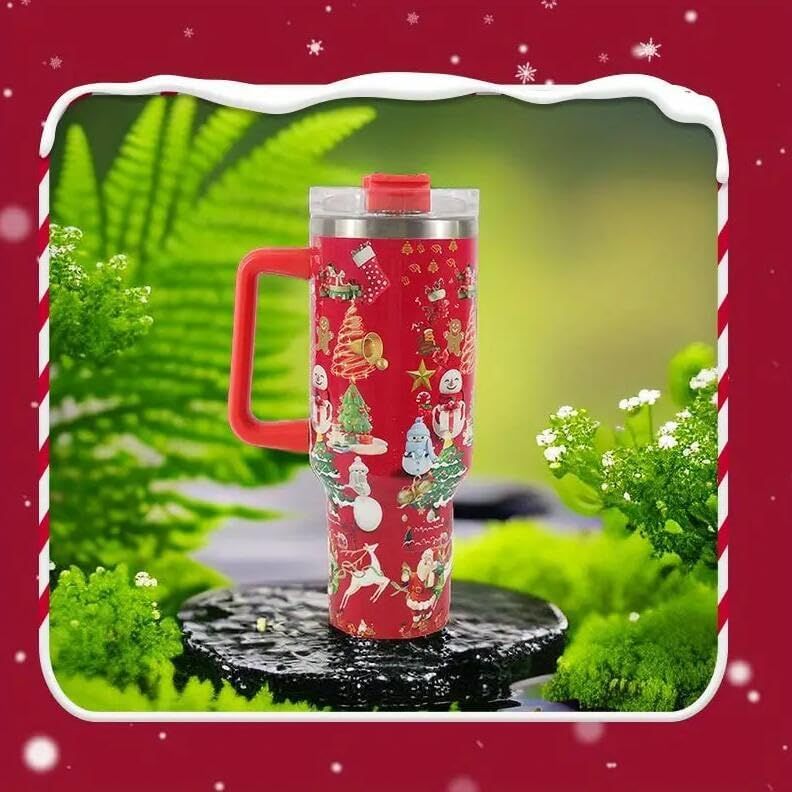 40oz Stainless Steel Vacuum Insulated Tumbler with Lid and Straw - RED SNOWMAN PRINT
