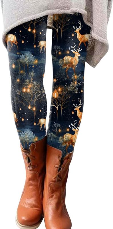 CHRISTMAS PRINT LEGGINGS -   DEER AT NIGHT PRINT