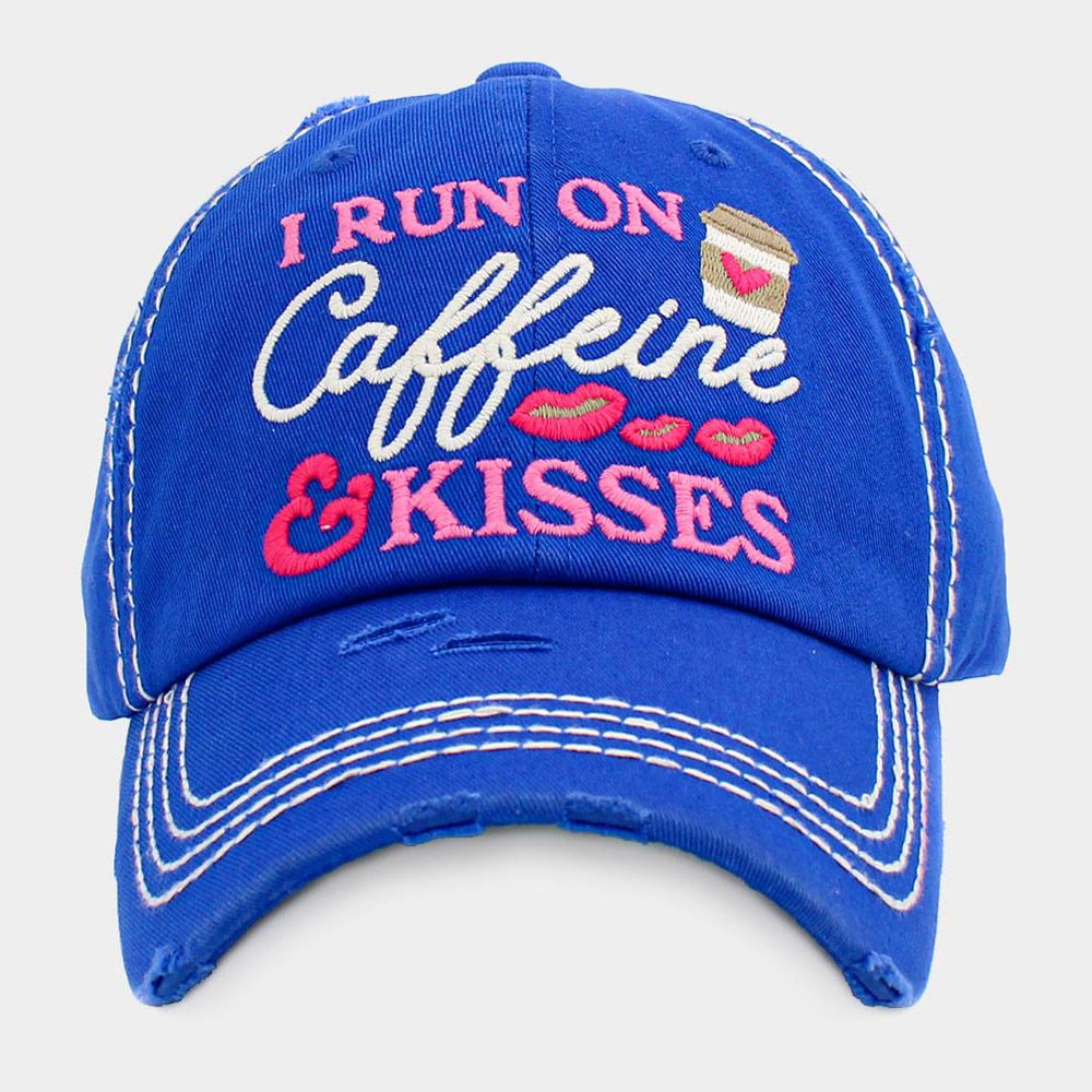 I RUN ON COFEE AND KISSES Vintage Baseball Cap - ROYAL BLUE