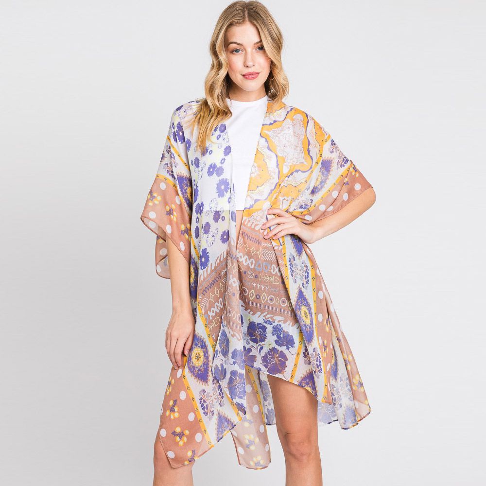 Paisley Flower Print Kimono Poncho - TAUPE