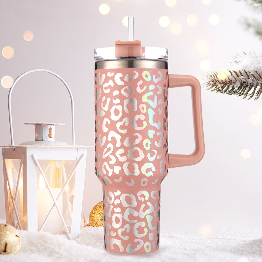 Leopard Patterned 40oz Stainless Steel Tumbler - LIGHT PINK