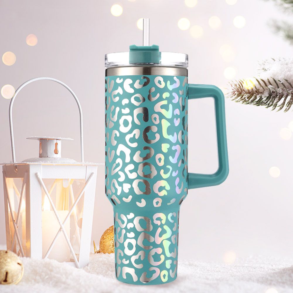 Leopard Patterned 40oz Stainless Steel Tumbler -TURQUOISE