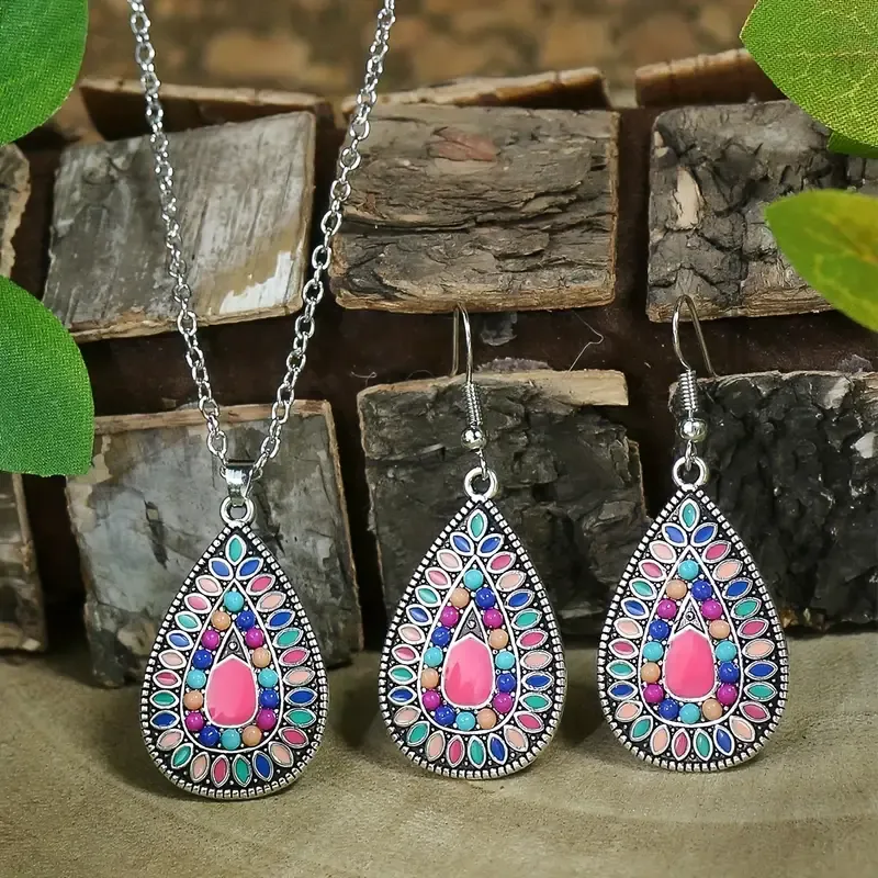COLORFUL TEARDROP NECKLACE &amp; EARRINGS SET