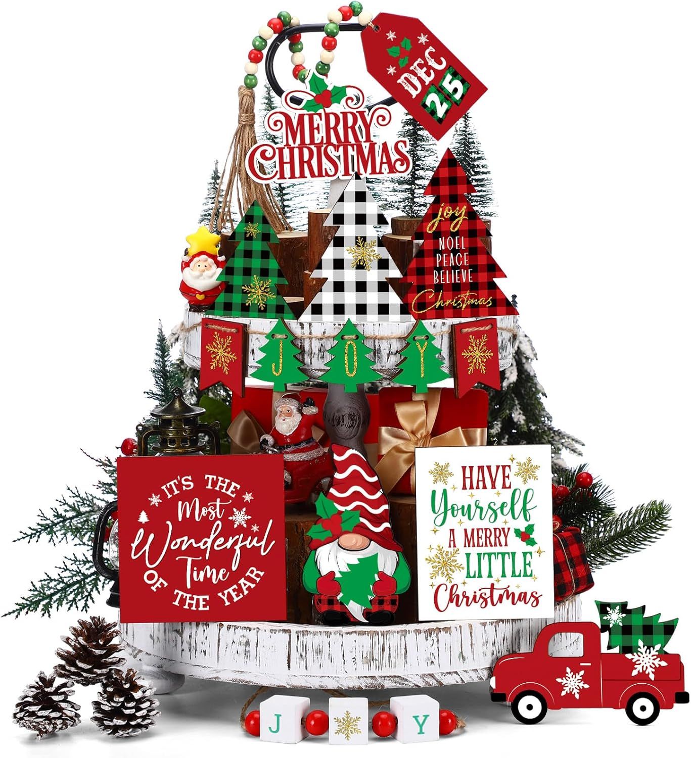 Tiered Tray Decor Set - BUFFALO PLAID TREES 15 Piece Set