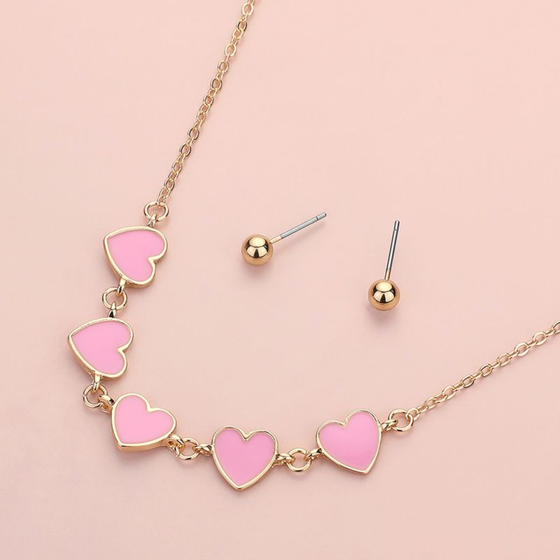 ​Enamel Heart Link Necklace/Earrings Set -PINK