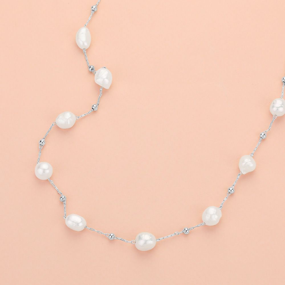 Natural Pearl Station Necklace - SILVERTONE