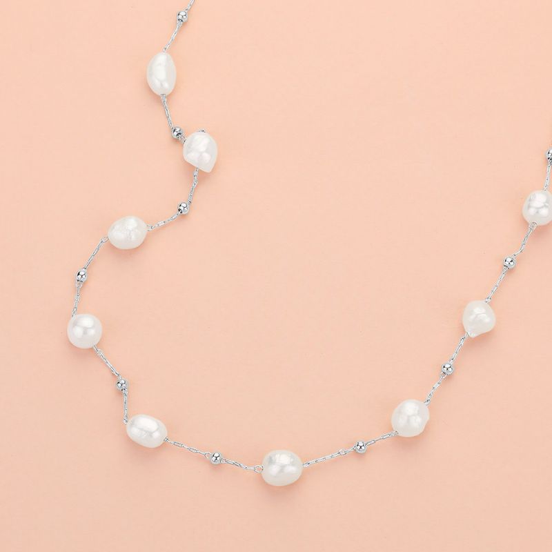 Natural Pearl Station Necklace - SILVERTONE
