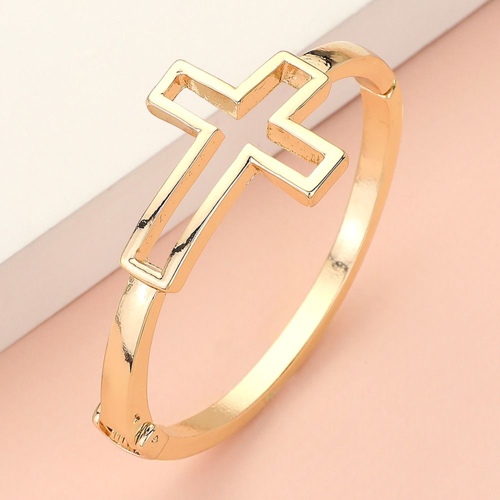 Open Metal Cross Accented Hinged Bangle Bracelet- GOLDTONE