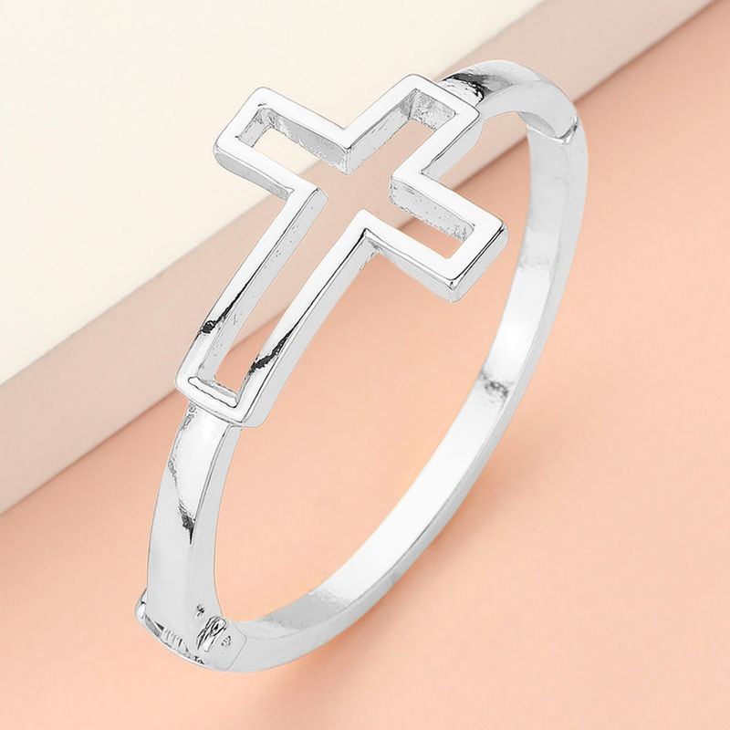 Open Metal Cross Accented Hinged Bangle Bracelet-SILVERTONE