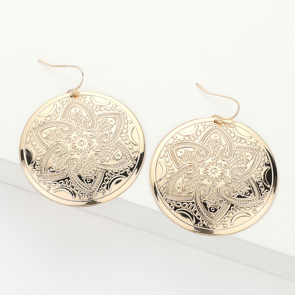 Abstract Pattern Engraved Medallion Dangle Earrings - GOLDTONE