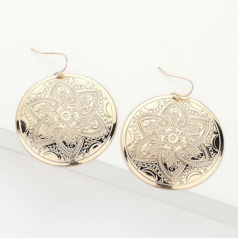 Abstract Pattern Engraved Medallion Dangle Earrings - GOLDTONE