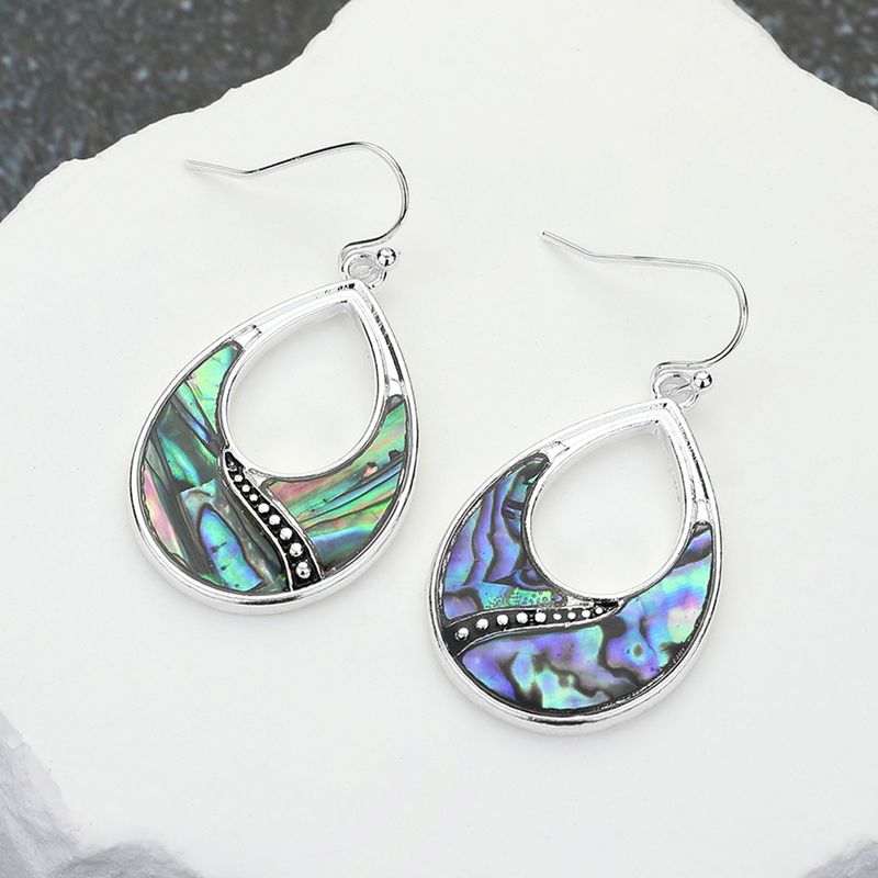 Antique Metal Abalone Open Teardrop Dangle Earrings