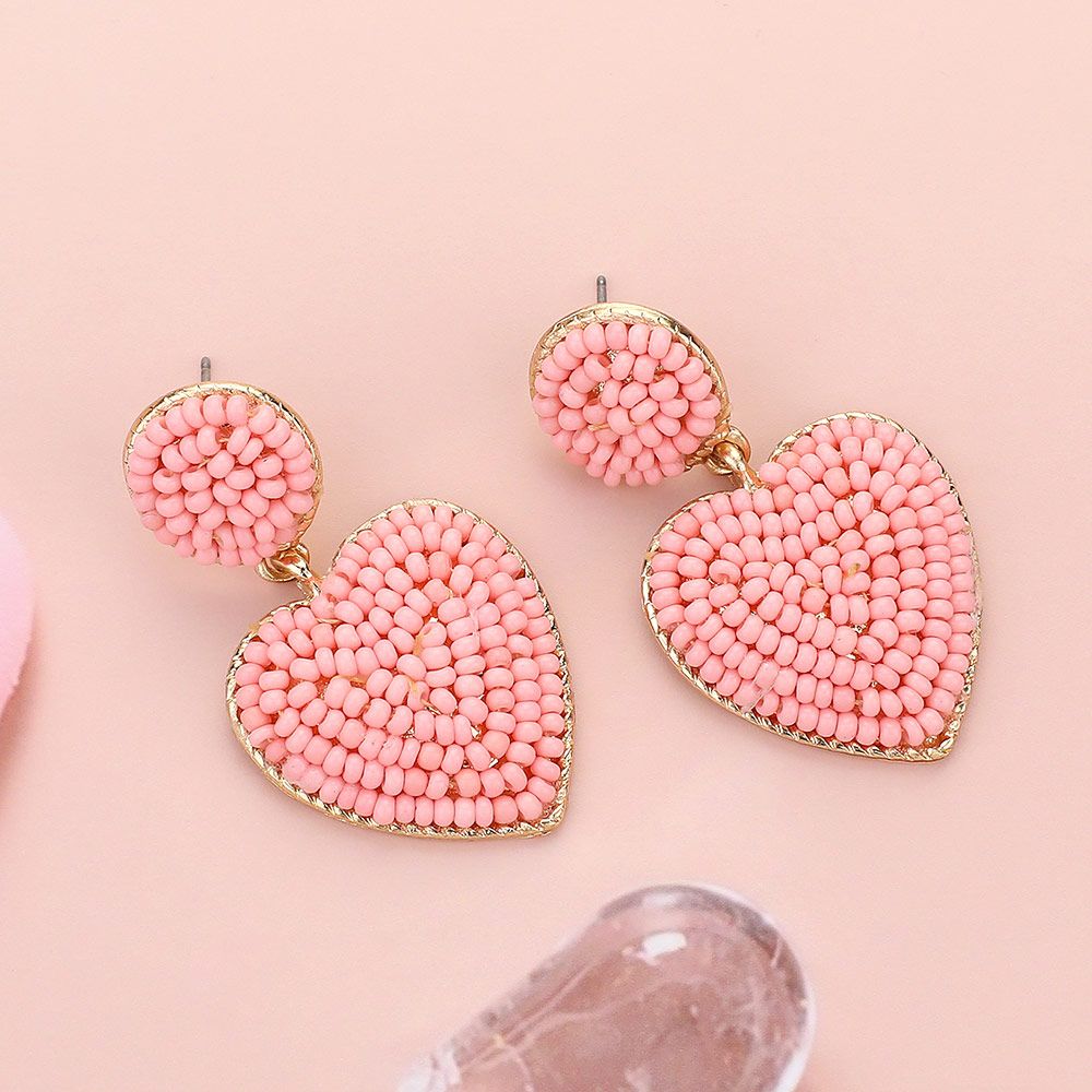 Seed Beaded Heart Dangle Earrings - LIGHT PINK