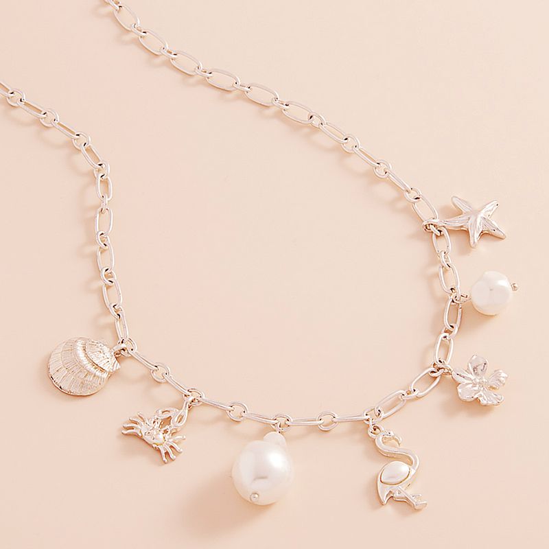 Metal Sea Shell Crab Starfish Flower Pearl Flamingo Charm Station Necklace - SILVERTONE