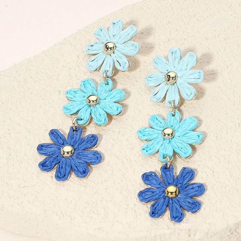 Triple Raffia Flower Link Dropdown Earrings -BLUE