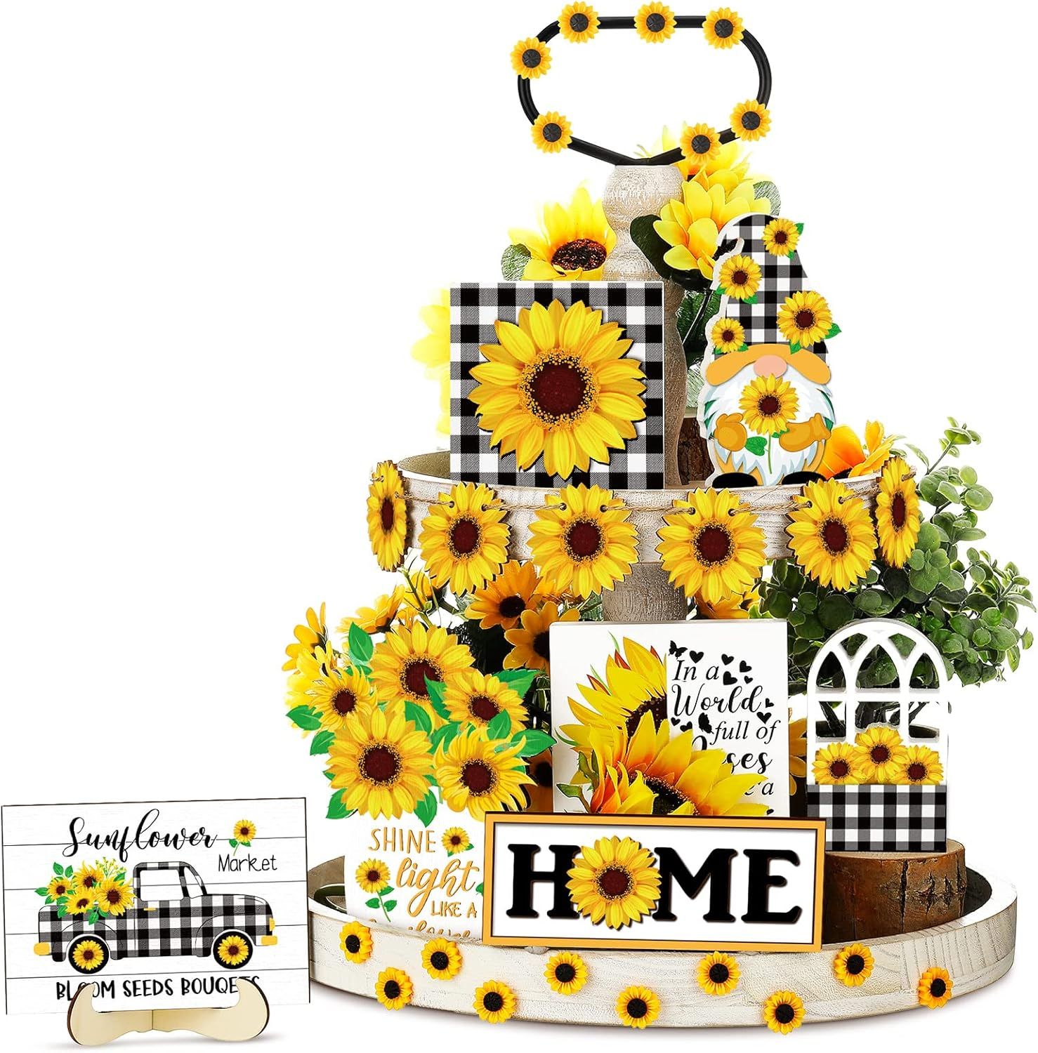 TIERED TRAY DECOR SET - SUNFLOWER BLACK &amp; WHITE GNOME 12 PIECE SET