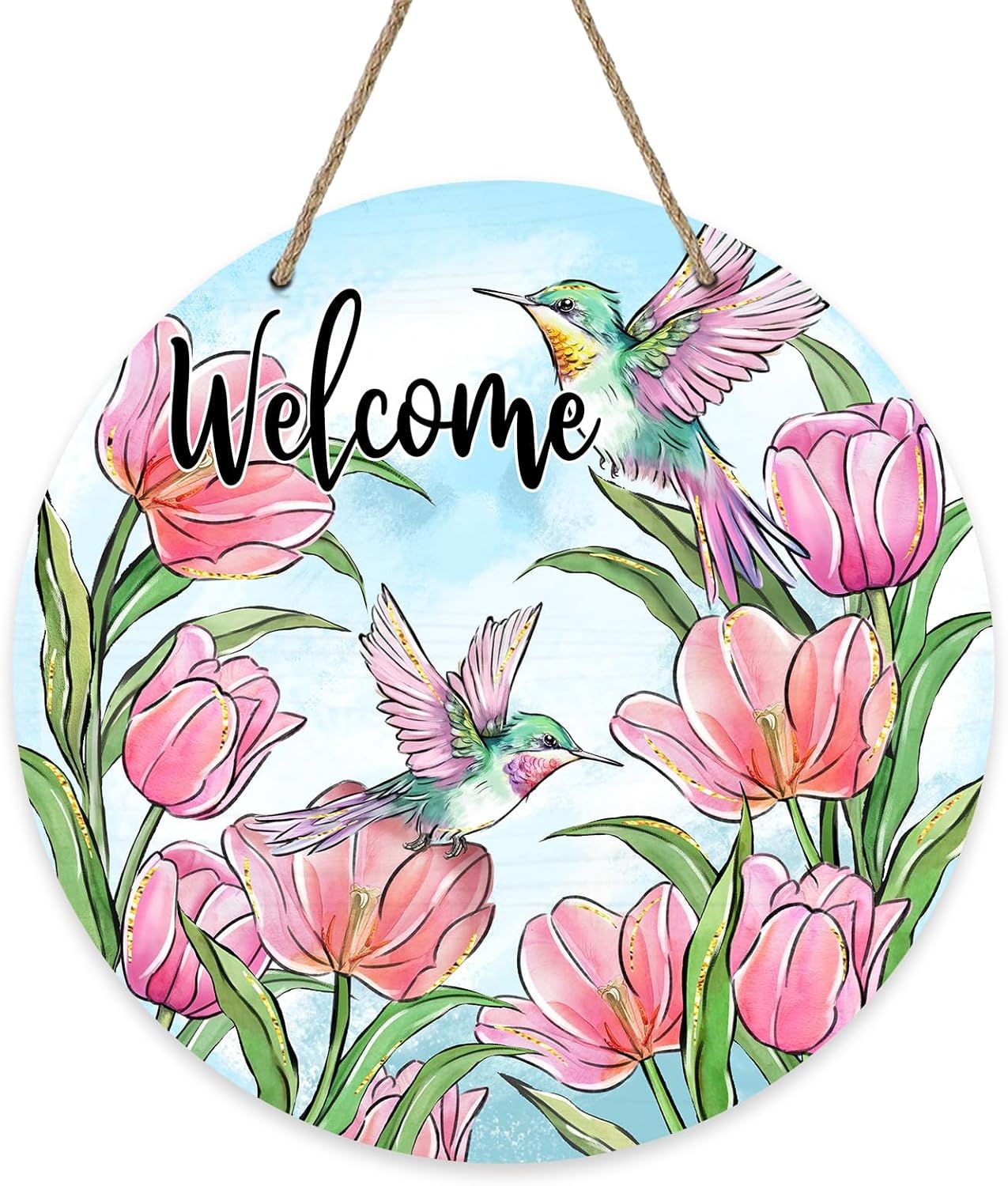 WOODEN DOOR HANGER - DOUBLE HUMMINGBIRD WELCOME